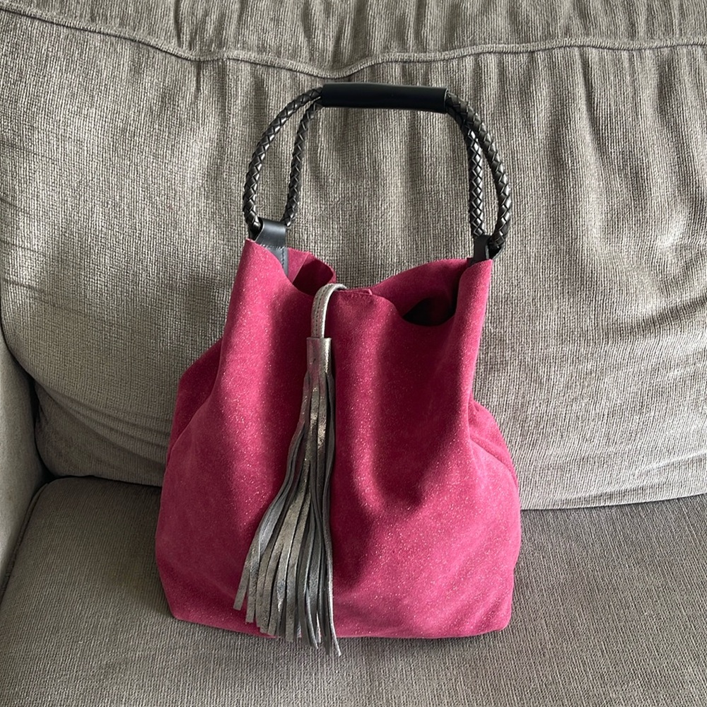 Uno Alla Volta Florentine Sparkle Suede Bucket Bag Boho Magenta Silver
